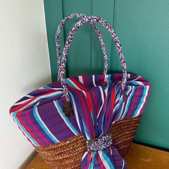 African Beaded Straw Bag Scarf Fringe Closure - Picture 10 of 16